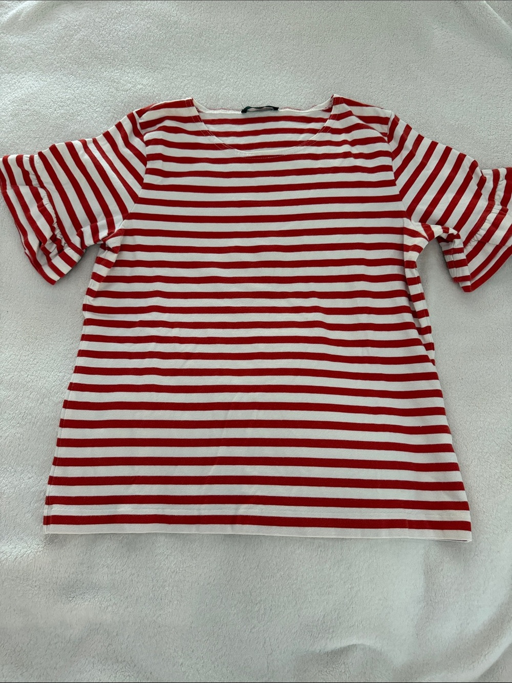 J Crew Classic Red & White Striped Women’s Tee with ruffles on the sleeves.